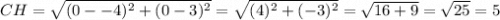 CH = \sqrt{(0-- 4)^2 + (0 -3)^2}= \sqrt{(4)^2 + (-3)^2} = \sqrt{16 + 9} = \sqrt{25} = 5