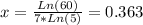 x = \frac{Ln(60)}{7*Ln(5)}  = 0.363