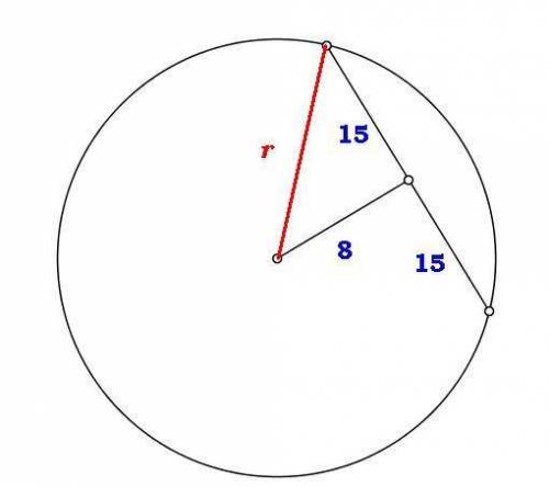 A 30-inch chord in a circle is 8 inches from the center of the circle, as shown in the following fig