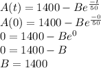 A(t) = 1400 - Be^{\frac{-t}{50}}\\A(0) = 1400 - Be^{\frac{-0}{50}}\\0 = 1400 - Be^{0}\\0 = 1400 - B\\B = 1400