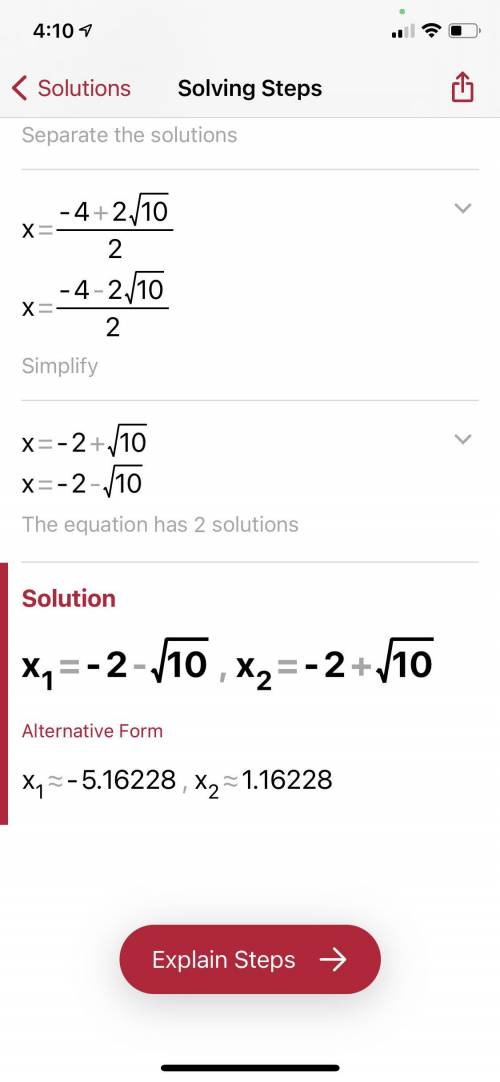 Solve x^2+4x-6=0 using the quadratic formula
