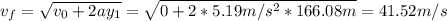 v_{f} = \sqrt{v_{0} + 2ay_{1}} = \sqrt{0 + 2*5.19 m/s^{2}*166.08 m} = 41.52 m/s
