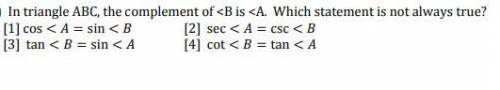In triangle ABC, the complement of < B is < A.
Which statement is not always true?