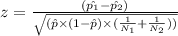 z = \frac{(\hat{p_1}- \hat{p_2})}{\sqrt{(\hat{p} \times (1-\hat{p}) \times (\frac{1}{N_1} + \frac{1}{N_2}))}}