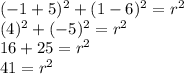 (-1+5)^2+(1-6)^2=r^2\\(4)^2+(-5)^2=r^2\\16+25=r^2\\41=r^2