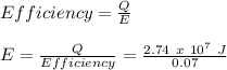 Efficiency = \frac{Q}{E}\\\\E = \frac{Q}{Efficiency}  = \frac{2.74\ x\ 10^7\ J}{0.07}