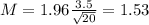 M = 1.96\frac{3.5}{\sqrt{20}} = 1.53