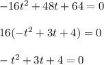 -16t^2+48t+64=0\\\\16(-t^2+3t+4)=0\\\\-t^2+3t+4=0