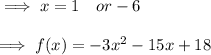 \implies x = 1 \quad or -6 \\\\\implies  f(x) = -3x^2-15x + 18