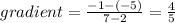 gradient = \frac{-1-(-5)}{7-2} = \frac{4}{5}