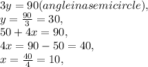 3y=90 (angle in a semi circle),\\y=\frac{90}{3} =30,\\50+4x=90 ,\\4x=90-50=40,\\x=\frac{40}{4} = 10 , }