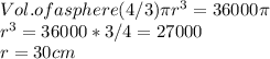 Vol. of a sphere   (4/3) \pi  r^3=36000 \pi \\r^3=36000*3/4=27000\\r=30 cm\\