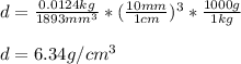 d=\frac{0.0124kg}{1893mm^3} *(\frac{10mm}{1cm} )^3*\frac{1000g}{1kg}\\\\d=6.34g/cm^3