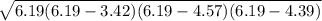 \sqrt{6.19(6.19-3.42)(6.19-4.57)(6.19-4.39)}