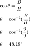 \cos\theta=\dfrac{B}{H}\\\\\theta=\cos^{-1}(\dfrac{B}{H})\\\\\theta=\cos^{-1}(\dfrac{6}{9})\\\\\theta=48.18^{\circ}