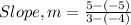 Slope, m = \frac {5 - (-5)}{3 - (-4)}