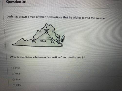 Josh has drawn a map of three destinations he wants to visit. What is the distance between destinati