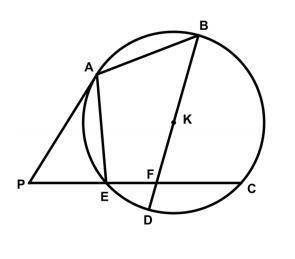 in circle k secant pec intersects chord bkd at f if ae is congruent to ab the measure of arc ed is 3