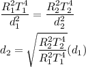 \dfrac{R^2_1T^4_1}{ d^2_1 } = \dfrac{R^2_2T^4_2}{ d^2_2} \\ \\  d_2 = \sqrt{\dfrac{R_2^2T_2^4}{R_1^2T_1^4}}(d_1)