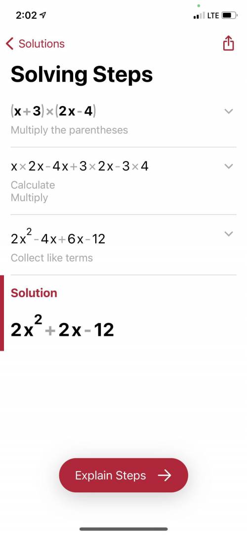 Multiply the polynomials (x+3) (2x-4). What is the product in the form ax2 + bx + c
