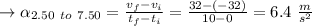 \to \alpha_{2.50 \ to \ 7.50}=\frac{v_f - v_i}{t_f-t_i}=\frac{32-(-32)}{10-0}=6.4 \ \frac{m}{s^2}