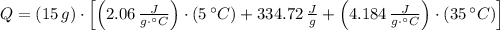 Q = (15\,g)\cdot \left[\left(2.06\,\frac{J}{g\cdot ^{\circ}C} \right)\cdot (5\,^{\circ}C)+ 334.72\,\frac{J}{g} + \left(4.184\,\frac{J}{g\cdot ^{\circ}C}\right)\cdot (35\,^{\circ}C) \right]