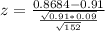 z = \frac{0.8684 - 0.91}{\frac{\sqrt{0.91*0.09}}{\sqrt{152}}}