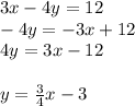 3x - 4y = 12\\-4y = -3x +12\\4y = 3x -12\\\\y = \frac{3}{4}x -3
