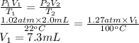 \frac{P_{1}V_{1}}{T_{1}} = \frac{P_{2}V_{2}}{T_{2}}\\\frac{1.02 atm \times 2.0 mL}{22^{o}C} = \frac{1.27 atm \times V_{1}}{100^{o}C}\\V_{1} = 7.3 mL
