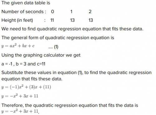 What is the quadratic regression equation that fits these data? number of seconds= 0,1,2,3,4,5 heigh