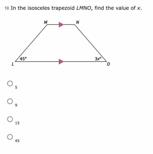 In isosceles trapezoid LMNO, the measure of Z Mis Select... V

50°
L
M
(2x + 20°
(4x - 10)
110°
350