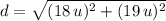 d = \sqrt{(18\,u)^{2} + (19\,u)^{2}}