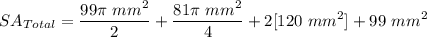 \displaystyle SA_{Total} = \frac{99\pi \ mm^2}{2} + \frac{81\pi \ mm^2}{4} + 2[120 \ mm^2] + 99 \ mm^2