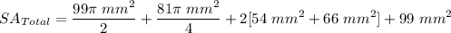 \displaystyle SA_{Total} = \frac{99\pi \ mm^2}{2} + \frac{81\pi \ mm^2}{4} + 2[54 \ mm^2 + 66 \ mm^2] + 99 \ mm^2