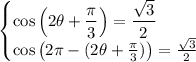 \begin{cases} \displaystyle  \cos \left(2 \theta +  \frac{\pi}{3} \right )  =  \frac{ \sqrt{3} }{2}  \\  \cos \left(2\pi - (2 \theta +  \frac{\pi}{3} )\right )  =  \frac{ \sqrt{3} }{2}  \end{cases}
