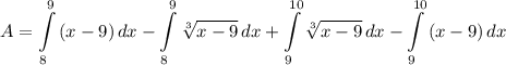 \displaystyle A = \int\limits^9_8 {(x - 9)} \, dx - \int\limits^9_8 {\sqrt[3]{x - 9}} \, dx + \int\limits^{10}_9 {\sqrt[3]{x - 9}} \, dx - \int\limits^{10}_9 {(x - 9)} \, dx