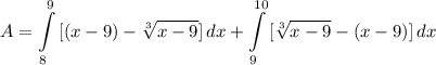 \displaystyle A = \int\limits^9_8 {[(x - 9) - \sqrt[3]{x - 9}]} \, dx + \int\limits^{10}_9 {[\sqrt[3]{x - 9} - (x - 9)]} \, dx