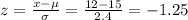 z=\frac{x-\mu}{\sigma} =\frac{12-15}{2.4} =-1.25