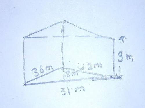 A triangular prism has a height of 9 meters, and a triangular base with the following dimensions. Th