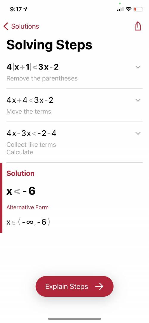 Solve each inequality and show work.

1) 4x - 2 > 2x + 8
2) -3x - 6 > 4x - 20
3) 4(x + 1) <