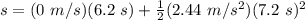 s = (0\ m/s)(6.2\ s)+\frac{1}{2}(2.44\ m/s^2)(7.2\ s)^2\\\\