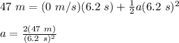 47\ m = (0\ m/s)(6.2\ s)+\frac{1}{2}a(6.2\ s)^2\\\\a = \frac{2(47\ m)}{(6.2\ s)^2}