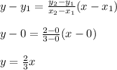 y-y_1=\frac{y_2-y_1}{x_2-x_1} (x-x_1)\\\\y-0=\frac{2-0}{3-0}(x-0)\\\\y=\frac{2}{3} x