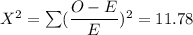 X^2= \sum (\dfrac{O-E}{E})^2=11.78