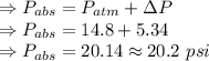 \Rightarrow P_{abs}=P_{atm}+\Delta P\\\Rightarrow P_{abs}=14.8+5.34\\\Rightarrow P_{abs}=20.14\approx 20.2\ psi