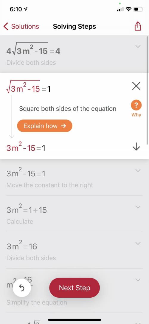 Solve the equation 4sqrt(3m ^ 2 - 15) = 4