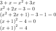 3 + x =  {x}^{2}  + 3x \\  {x}^{2}  + 2x - 3 = 0 \\ ( {x}^{2}  + 2x + 1) - 3 - 1 = 0 \\  {(x + 1)}^{2}  - 4 = 0 \\  {(x + 1)}^{2}  = 4
