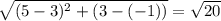 \sqrt{(5-3)^2+(3-(-1))} = \sqrt{20}