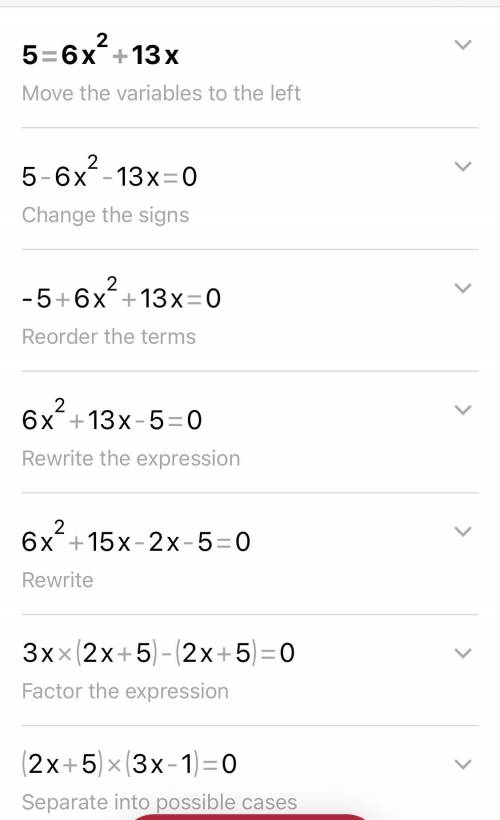 Solve using the quadratic formula or factoring ... 5=6x^2 + 13x