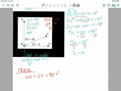 Angle ABC is a right angle. Write and solve an equation to determine the value of the variable, x. T